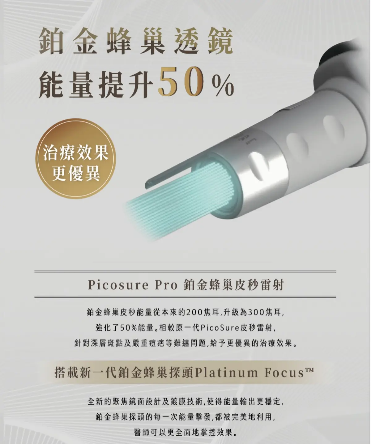 鉑金蜂巢皮秒頭能量高出50%